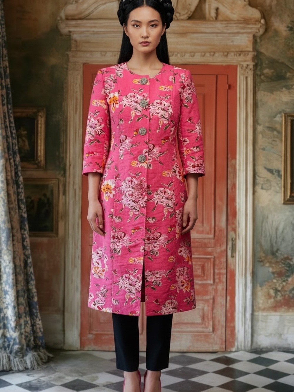 Carlisle Pink Floral Brocade Pea Coat NWT